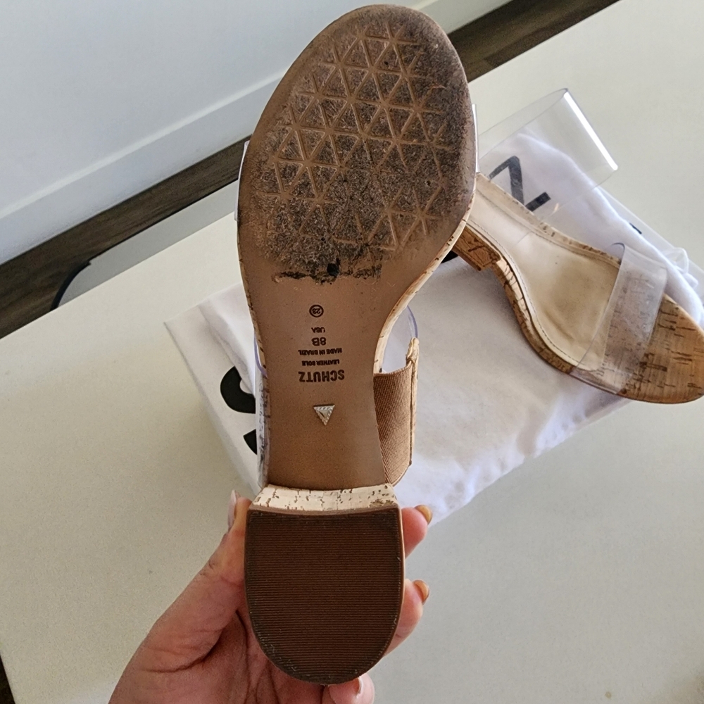 SCHUTZ Victorie Clear Strap Tan Block Heel Mules - Picture 4 of 13
